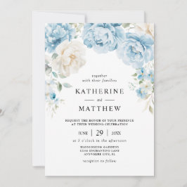 Invitación Bodas Florales de Peonías Marfil Champán Azul Polv