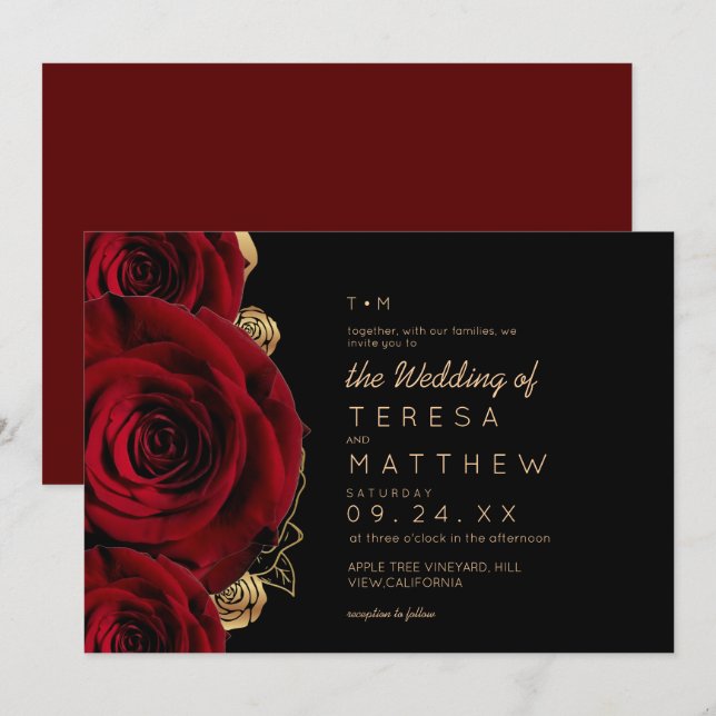 Invitación Bodas Florales de Rosas Modernas de Borgoña (Anverso / Reverso)