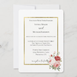 Invitación Bodas Florales de Rosas Rojas Rosadas Oro Blanco