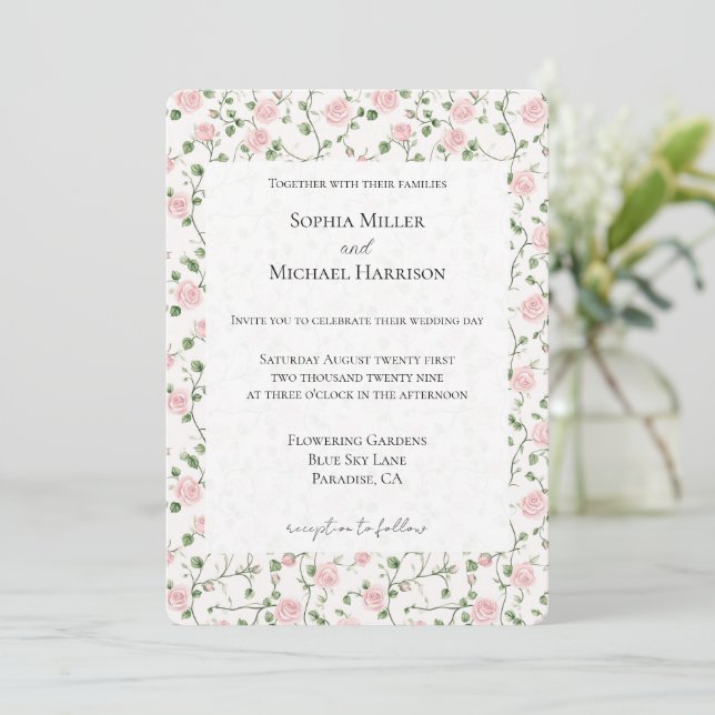 Invitación Bodas Florales de Rosas Rosadas Lindas (Anverso de pie)