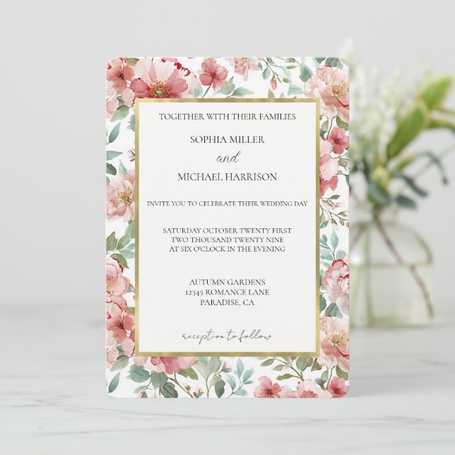 Invitación Bodas Florales de Rosas Rosadas Lindas (Anverso de pie)