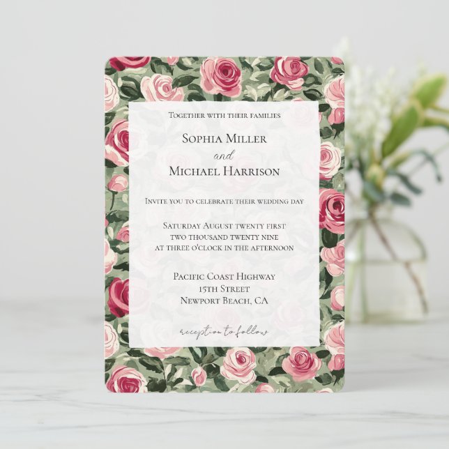 Invitación Bodas Florales de Rosas Rosadas Rojas Verdes (Anverso de pie)