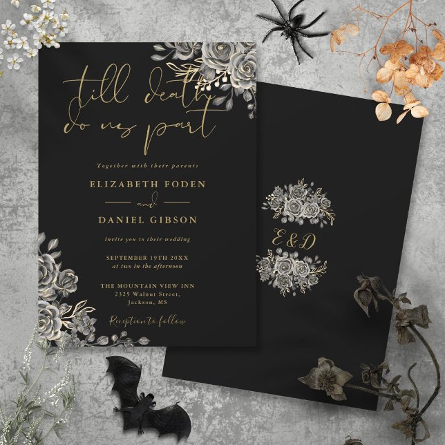 Invitación Bodas Florales Góticas de Rosas Negras y Doradas (Black And Gold Gothic Roses Floral Wedding Invitation)