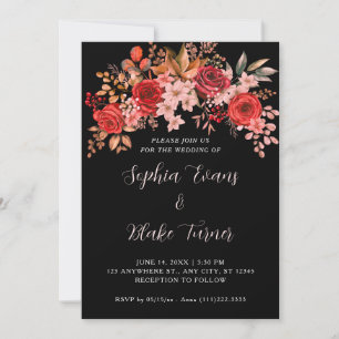 Invitación Bodas Florales Negras Rosas Rojas Elegantes