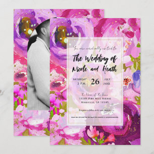 Invitación Bodas Florales Vibrantes de Rosa y Púrpura