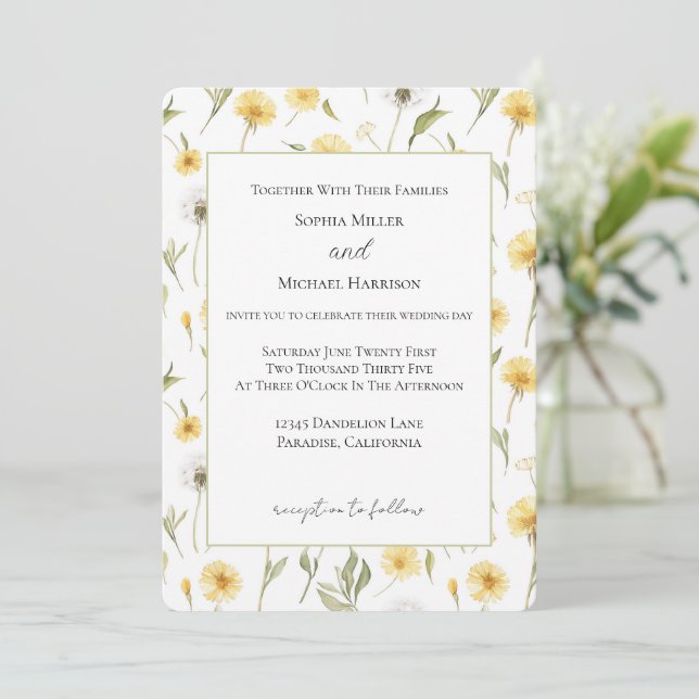 Invitación Bodas Flores De Diente De León Blancas Amarillas (Anverso de pie)