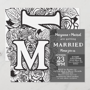 Invitación Bodas Flores de Monograma M en Blanco y Negro Tatu