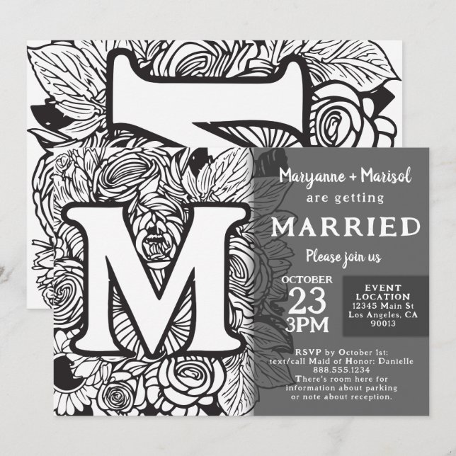 Invitación Bodas Flores de Monograma M en Blanco y Negro Tatu (Anverso / Reverso)