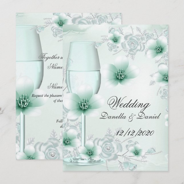 Invitación Bodas Flores Rosas Mint Verde Florales (Anverso / Reverso)