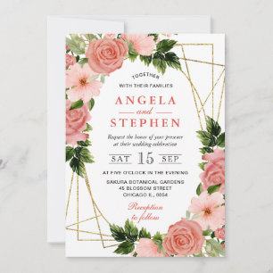Invitación Bodas Flores Rosas Pintadas Al Agua Marco Dorado