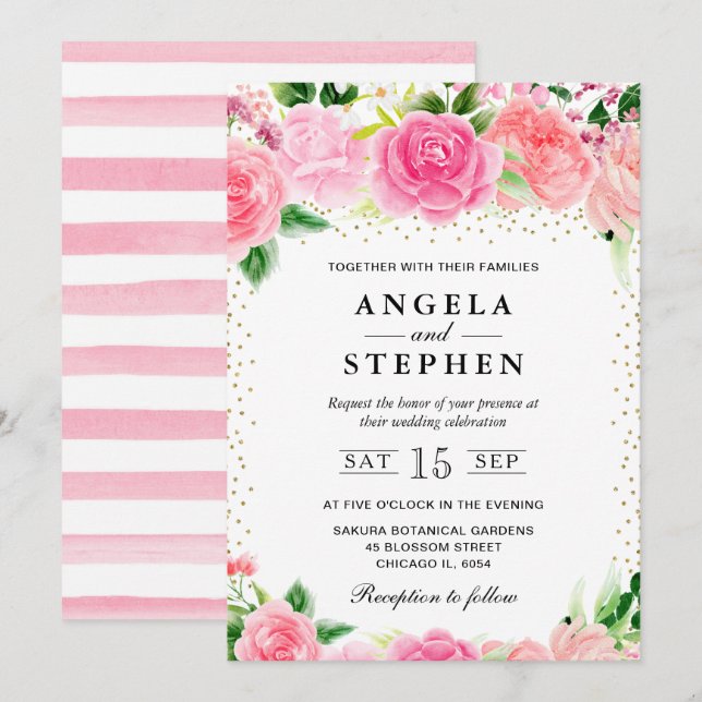 Invitación Bodas Flores Rosas Rosadas Acuarela (Anverso / Reverso)