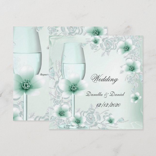 Invitación Bodas Flores Rosas Verde Menta (Anverso / Reverso)