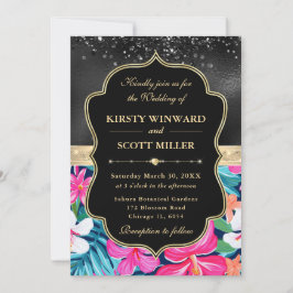 Invitación Bodas Flores Tropicales Preppy Oro Negro