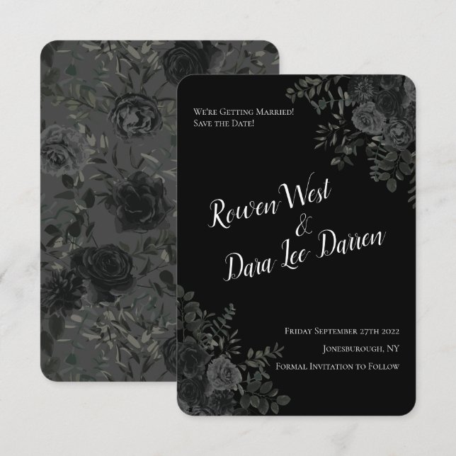 Invitación Bodas góticas blancas y negras Subió la fecha (Anverso / Reverso)
