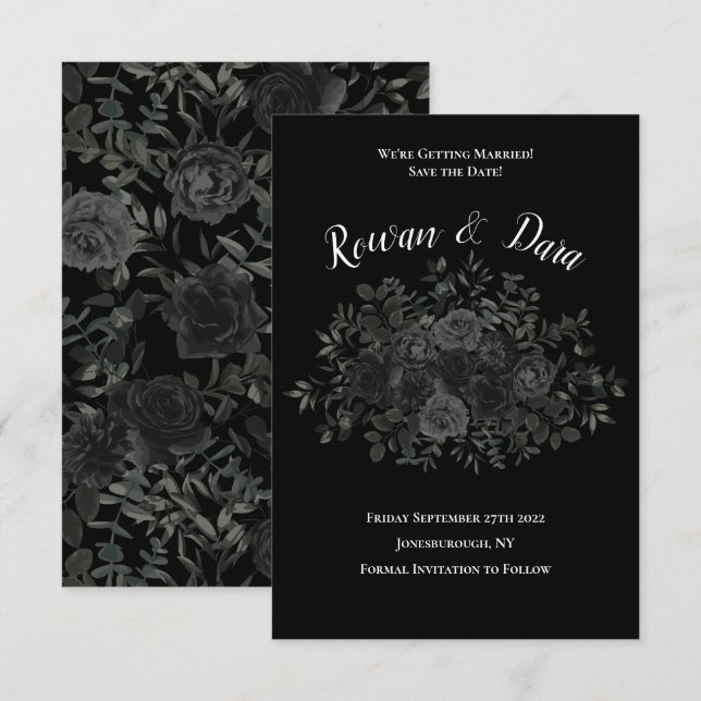 Invitación Bodas góticas blancas y negras Subió la fecha (Anverso / Reverso)