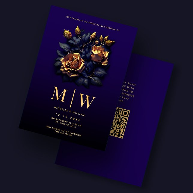 Invitación Bodas góticos Rosas elegante oro azul oscuro (Gothic Wedding Roses Elegant Dark Blue Gold Invitation
)
