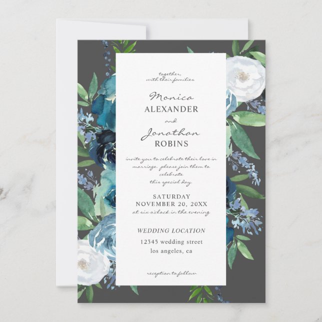 Invitación Bodas Gris Floral Azul Polvo 2 (Anverso)