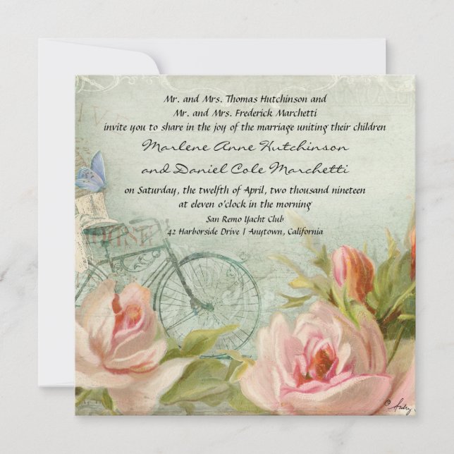 Invitación Bodas Hipster Rosas de bicicleta Cabaña de Madera  (Anverso)