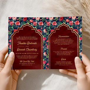Invitación Bodas Indias de Rosas Rojas Azul Marino Floral Oro