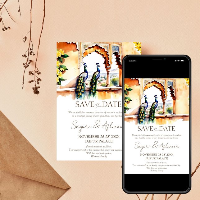 Invitación Bodas indias salvan la fecha del palacio Jaipur (Indian wedding Save the date Jaipur palace with peacocks editable template invitation  download)