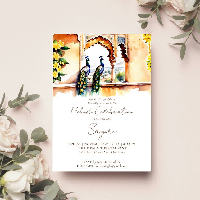 Invitación Bodas indios Mehndi en el palacio de Jaipur (Peacocks at Jaipur palace modern watercolor Mehndi Indian wedding template invitation download)