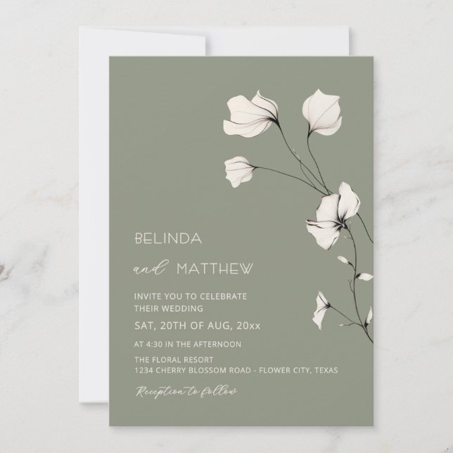 Invitación Bodas informales de flores de marfil verde salvia (Anverso)
