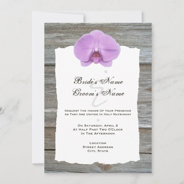 Invitación Bodas invitan a la orquídea púrpura y a la madera  (Anverso)