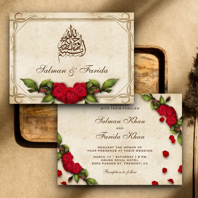 Invitación Bodas Islámicas Musulmanas con Rosas Rojas Rústica (Subido por el creador)