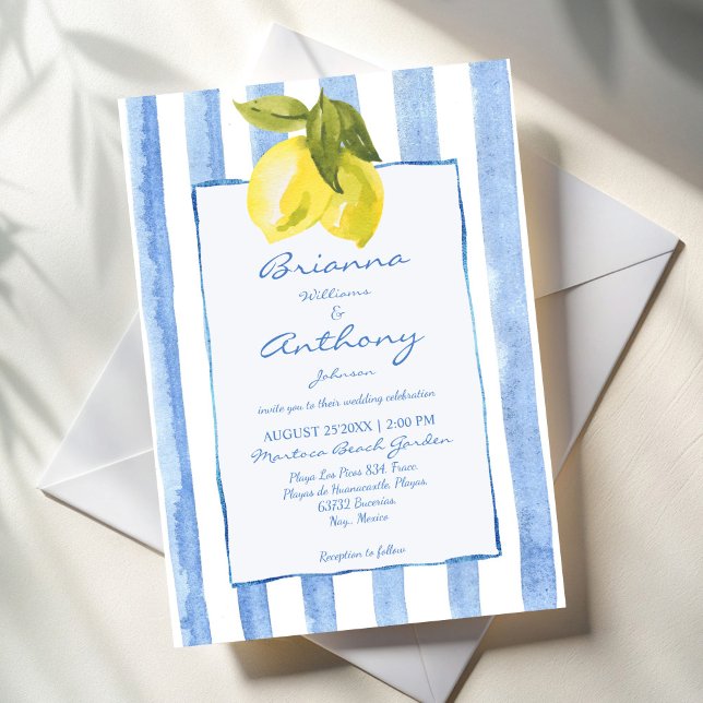 Invitación Bodas italianas con limones y rayas azules dibujad (Handrawn blue stripes lemons Italian style wedding Invitation cards template instant download)