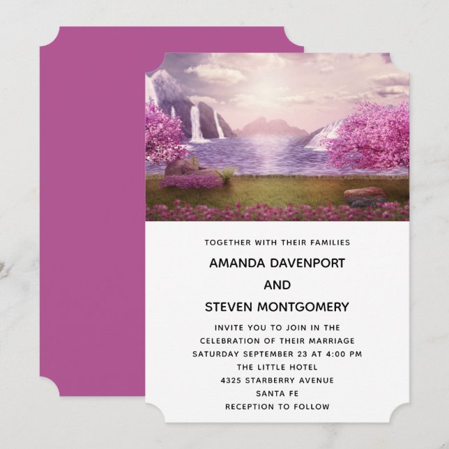 Invitación Bodas junto al lago con cascadas y cerezos (Anverso / Reverso)