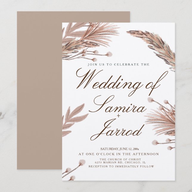Invitación Bodas Kraft Dibujadas a Mano Pampas Botánicas (Anverso / Reverso)