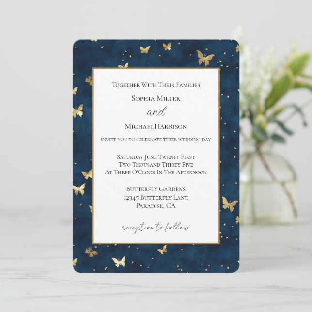 Invitación Bodas Mariposas Azul Oro (Anverso de pie)