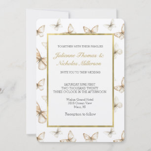 Invitación Bodas Mariposas Blancas Crema Oro Chic  