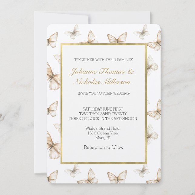 Invitación Bodas Mariposas Blancas Crema Oro Chic   (Anverso)