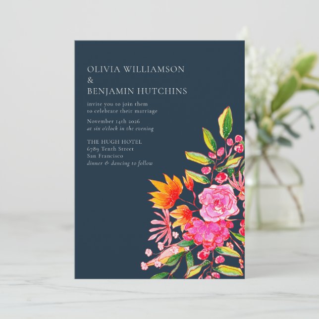 Invitación Bodas Modernas con Flores de Acuarela en Rosa Nara (Anverso de pie)