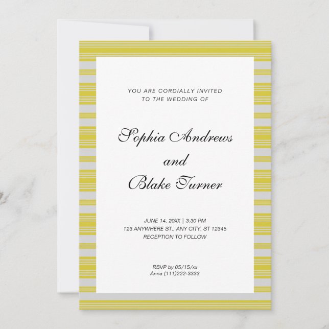 Invitación Bodas modernas con rayas amarillas oscuras y blanc (Anverso)