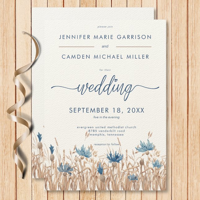 Invitación Bodas Modernas de Acianos Azules y Campo de Trigo (Blue Cornflowers & Wheat Field Modern Wedding Invitation)