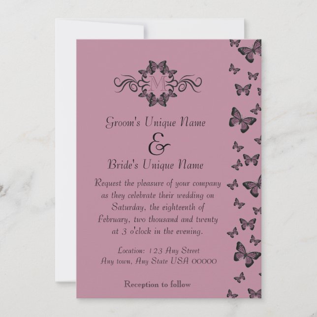 Invitación Bodas Monograma Mariposas Fuchsia (Anverso)