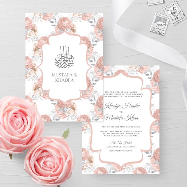 Invitación Bodas Musulmanas con Rosas Plateadas Rústicas y Ro (Subido por el creador)