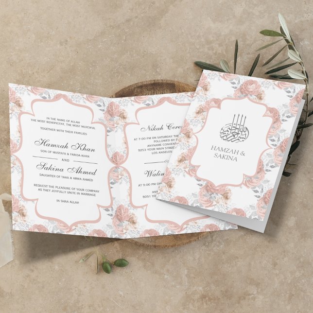 Invitación Bodas Musulmanas con Rosas Plateadas Rústicas y Ro (Subido por el creador)