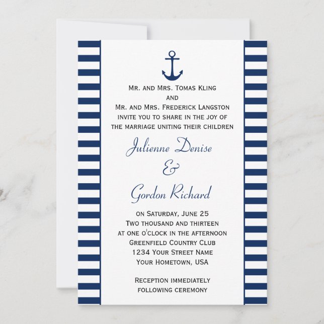 Invitación Bodas náuticos de la bandera azul de la marina (Anverso)