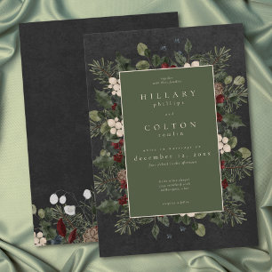 Invitación Bodas Negras de Elegantes Bayas de Invierno y Pino