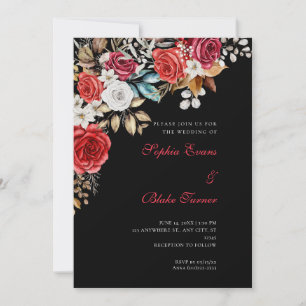 Invitación Bodas Negras de Rosas Rojas y Blancas Elegantes
