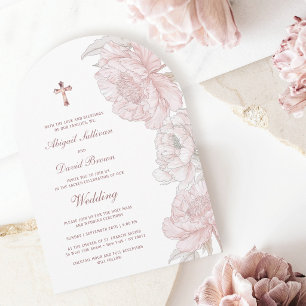 Invitación Bodas religiosas con arco de peonías blancas rosad
