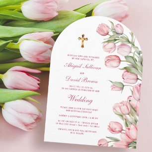 Invitación Bodas religiosas de tulipanes en acuarela con arco