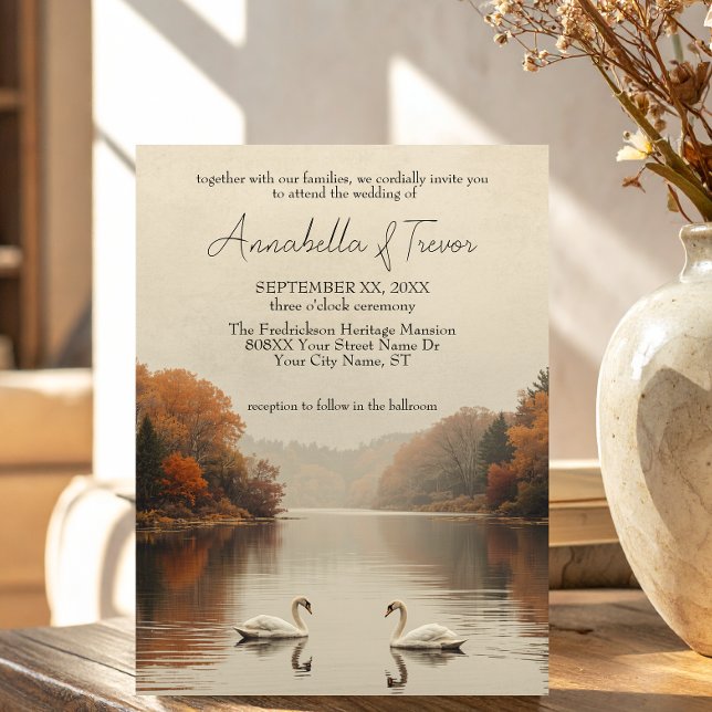 Invitación Bodas románticas de cisnes de otoño en el lago en  (Subido por el creador)