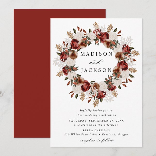 Invitación Bodas rusos de Borgoña y Rosas de Marfil (Anverso / Reverso)