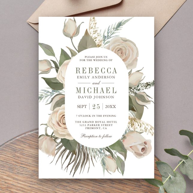 Invitación Bodas Rústicas Boho Rosas Marfil Hojas Verde Salvi (Subido por el creador)