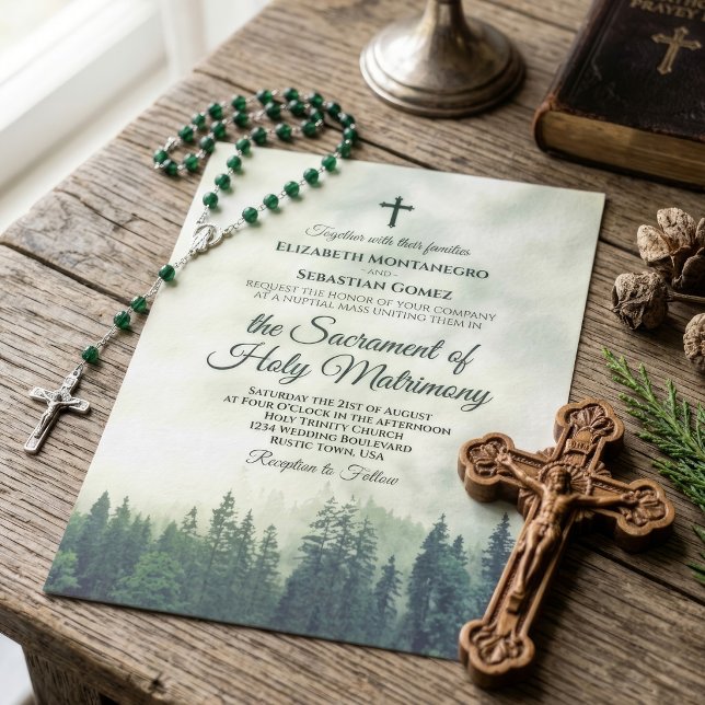 Invitación Bodas Rústicas Católicas en Montañas Verdes Brumos (Subido por el creador)