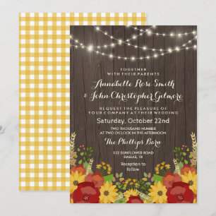 Invitación Bodas rústicas con girasoles y luces de cuerda